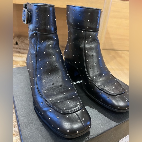 SAINT LAURENT | YSL Black Studded Leather Ankle Boots - Picture 2 of 11